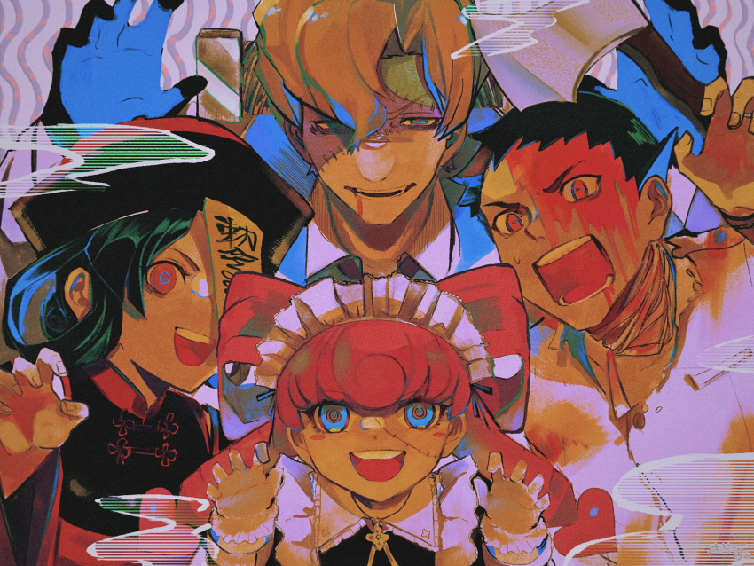 2boys, 2girls, :d, ace_attorney, alternate_costume, bandaged_neck, bandages, black_dress, black_hair, black_headwear, bleeding, blood, blood_from_mouth, blood_on_face, blue_eyes, collar, dress, hair_rings, halloween_costume, hands_up, hat, herlock_sholmes, highres, iris_wilson, jiangshi_costume, long_sleeves, looking_at_viewer, maid_headdress, multiple_boys, multiple_girls, ofuda, ofuda_on_clothes, open_mouth, outstretched_arms, qingdai_guanmao, red_eyes, ryunosuke_naruhodo, sasatake_(sasatakebe), shirt, short_hair, smile, stitched_face, stitches, susato_mikotoba, teeth, the_great_ace_attorney, upper_body, upper_teeth_only, v-shaped_eyebrows, white_collar, white_shirt, zombie, zombie_pose