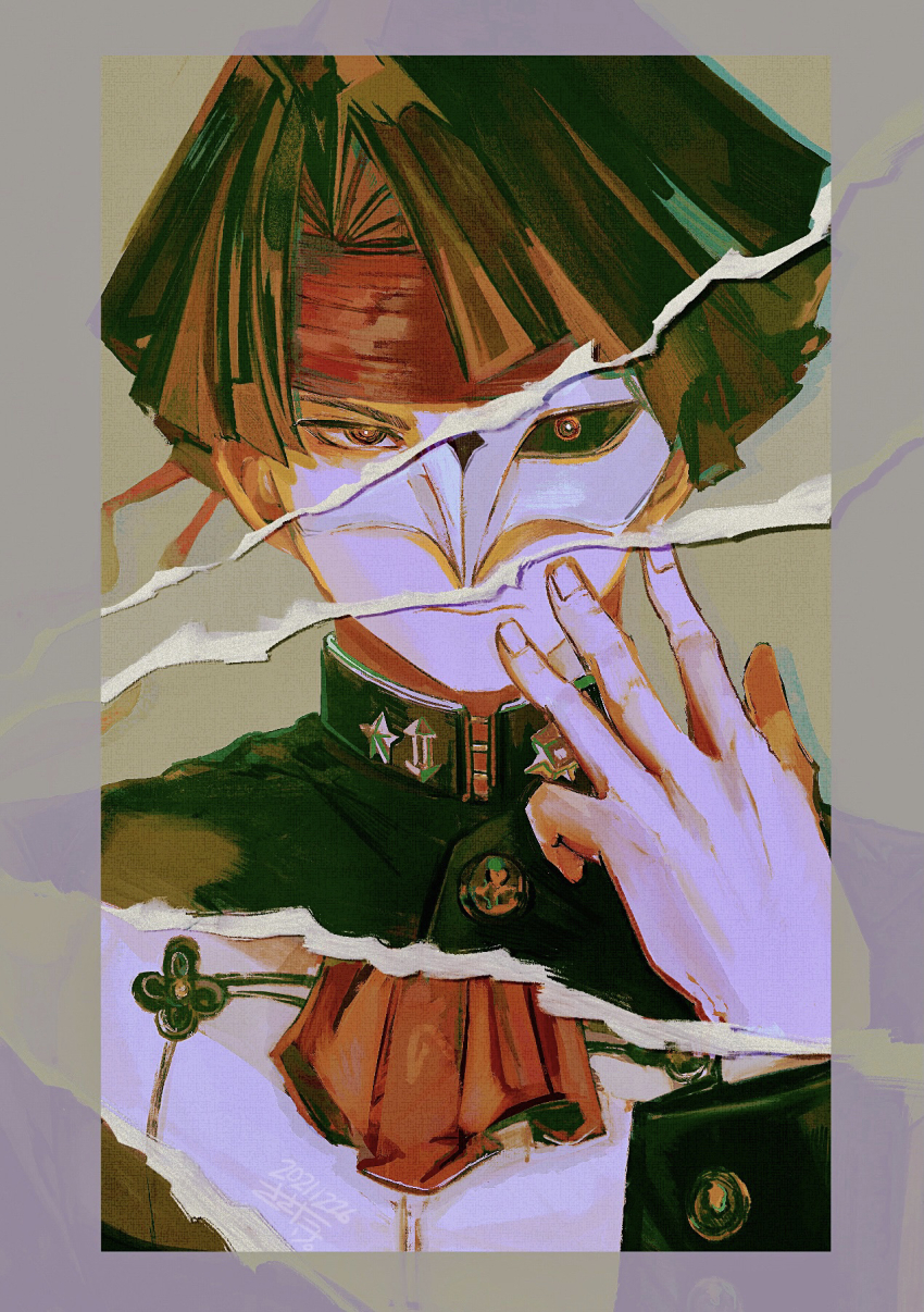 1boy, ace_attorney, ascot, black_eyes, black_hair, black_jacket, border, closed_mouth, dual_persona, eye_mask, faux_traditional_media, gakuran, grey_border, hand_up, headband, highres, jacket, kazuma_asogi, long_sleeves, looking_at_viewer, male_focus, mask, masked_apprentice_(ace_attorney), parted_bangs, red_ascot, red_headband, sasatake_(sasatakebe), school_uniform, short_hair, spoilers, the_great_ace_attorney, the_great_ace_attorney_2:_resolve, upper_body, white_jacket