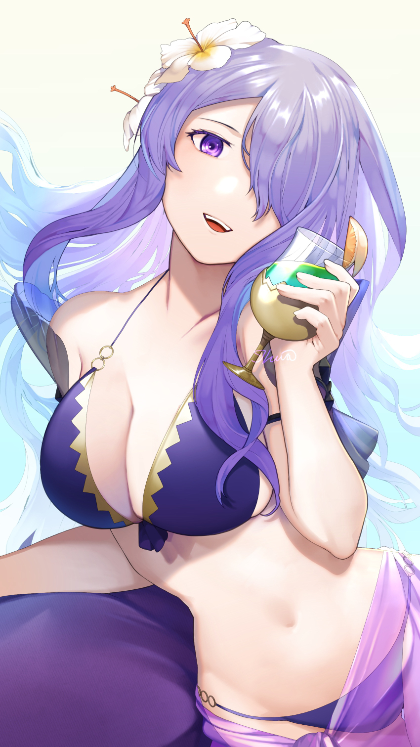 1girl, absurdres, bikini, breasts, camilla_(fire_emblem), camilla_(tropical_beauty)_(fire_emblem), cleavage, commentary_request, cup, drinking_glass, fire_emblem, fire_emblem_fates, fire_emblem_heroes, floating_hair, flower, hair_flower, hair_ornament, hair_over_one_eye, highres, holding, holding_cup, ikura_(downdexp), large_breasts, long_hair, navel, nintendo, official_alternate_costume, one_eye_covered, purple_bikini, purple_eyes, purple_hair, purple_sarong, sarong, see-through_clothes, see-through_sarong, signature, smile, solo, stomach, swimsuit, teeth, upper_teeth_only, very_long_hair, wavy_hair, white_background, white_flower