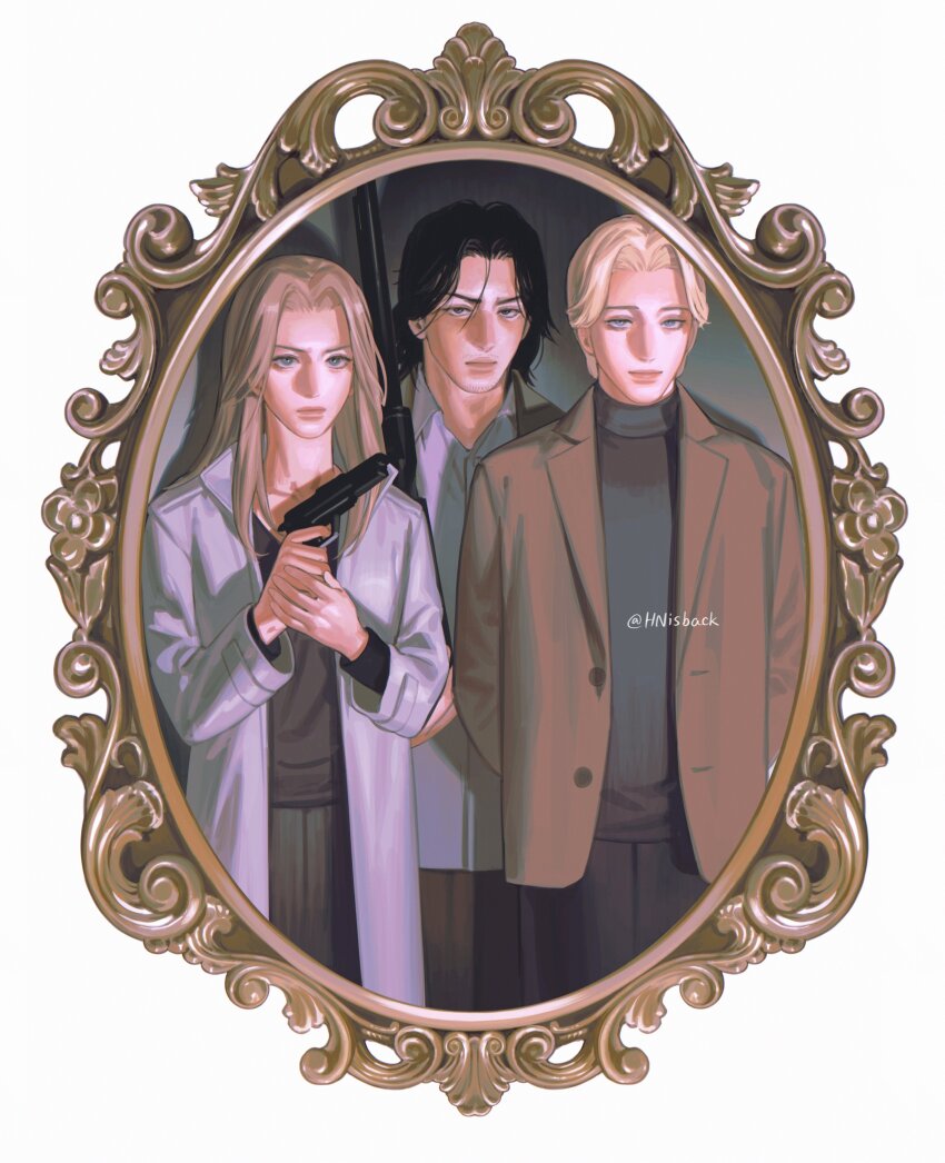 1girl, 2boys, absurdres, anna_liebert, arms_behind_back, black_hair, black_pants, black_sweater