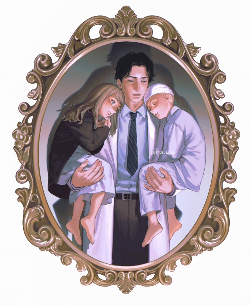 1girl, 2boys, absurdres, anna_liebert, barefoot, belt, black_belt, black_hair