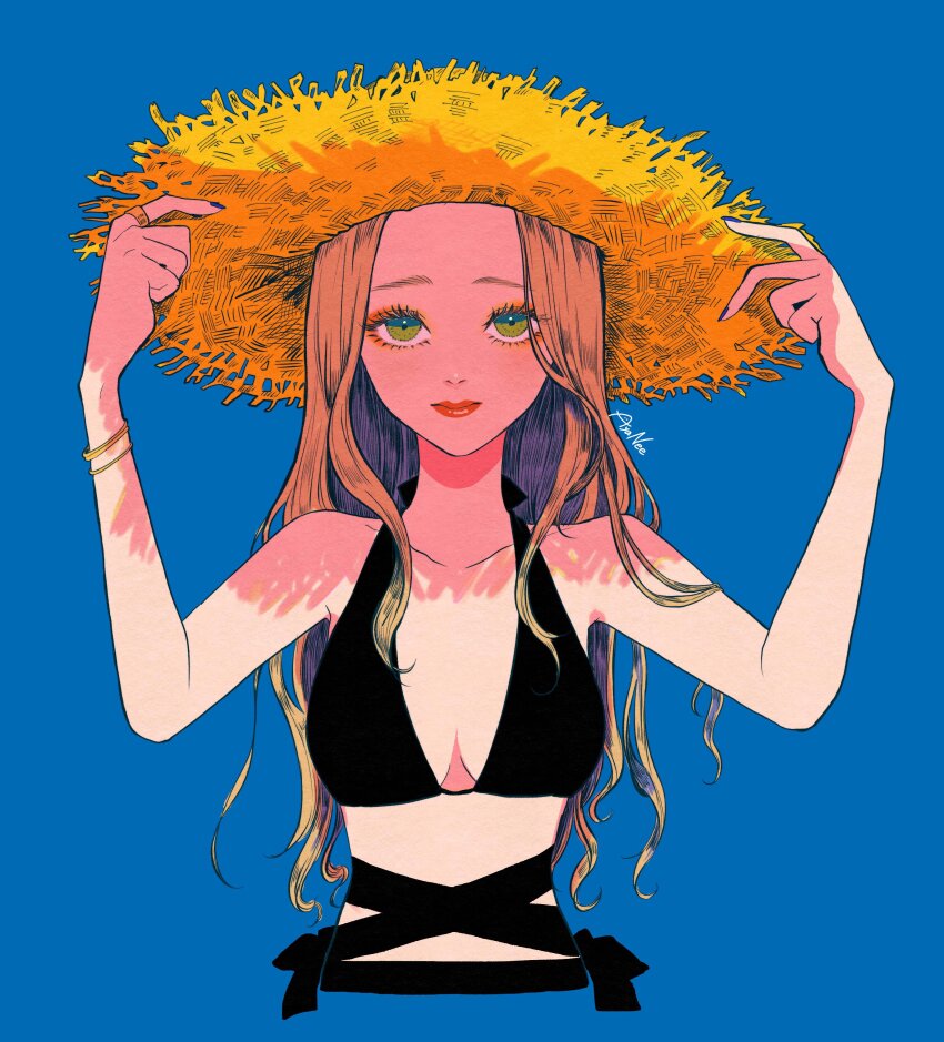 1girl, absurdres, ayanee, bikini, black_bikini, blonde_hair, blue_background, blue_nails