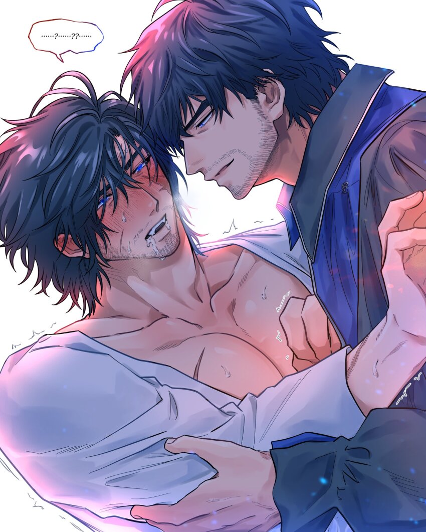 ...?, 2boys, bara, barnabas_tharmr, beard, beard_stubble, black_hair, chi_no_su