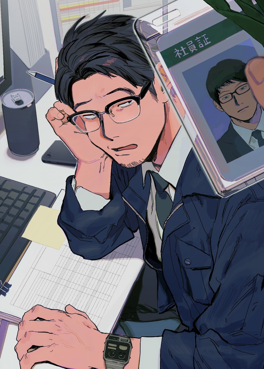 1boy, bags_under_eyes, blue_jacket, can, cellphone, collared_shirt, computer_keyboard, drink_can