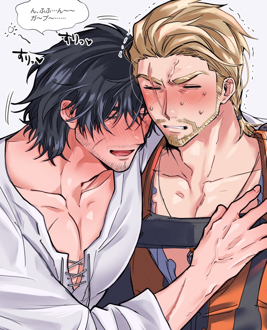 2boys, =_=, absurdres, accidental_undressing, bara, beard, beard_stubble, black_hair