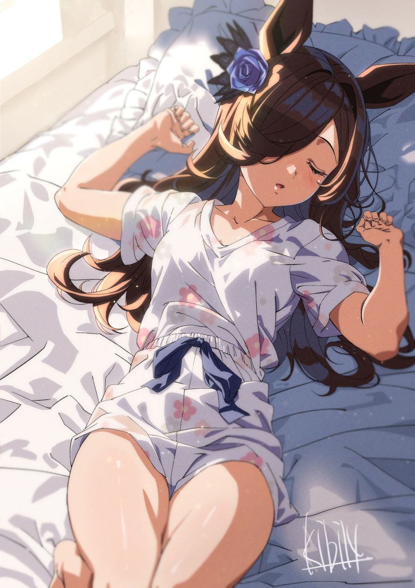 1girl, animal_ears, bed, bedroom, blue_flower, blue_rose, brown_hair, closed_mouth