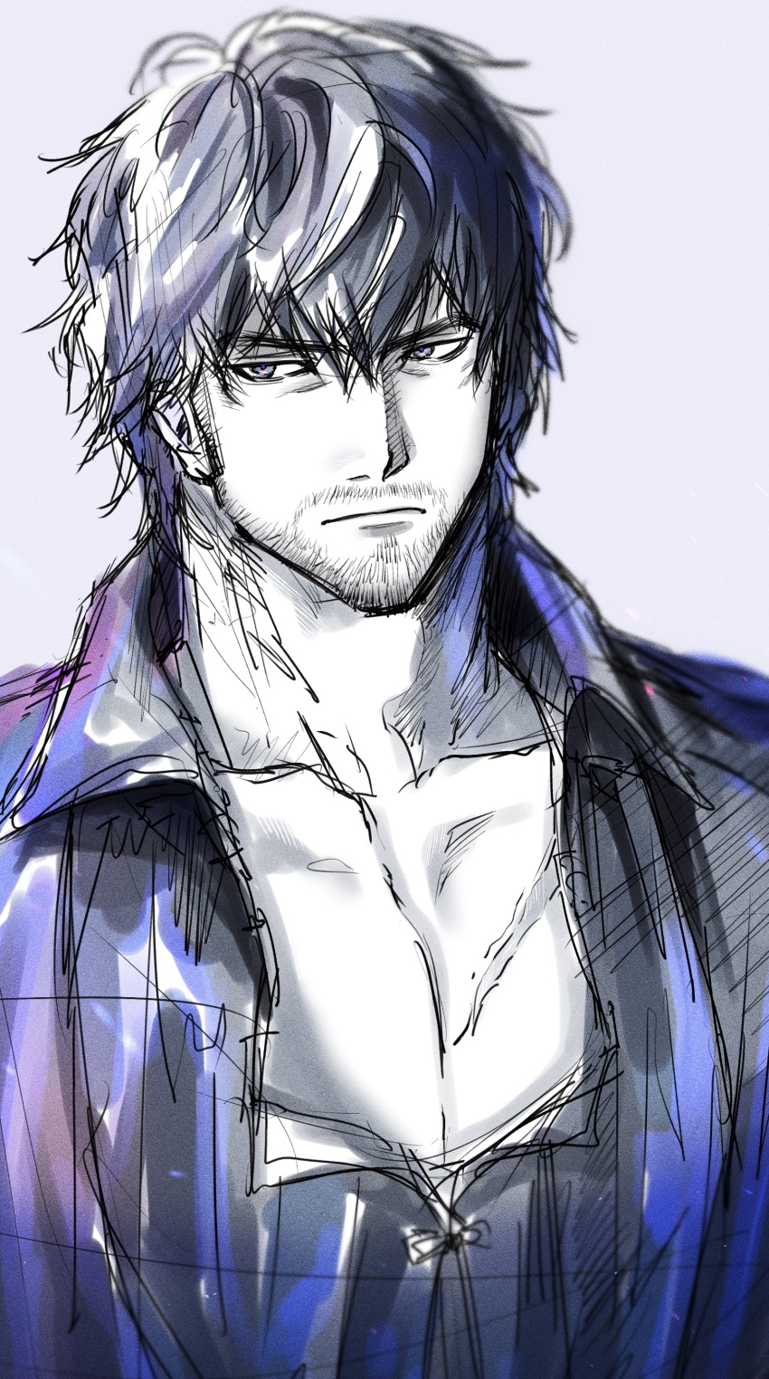 1boy, absurdres, bara, barnabas_tharmr, beard_stubble, black_hair, chi_no_su, facial_hair, final_fantasy, final_fantasy_xvi, gradient_clothes, highres, jitome, large_pectorals, looking_to_the_side, male_focus, mature_male, pectorals, short_hair, sideways_glance, sketch, solo, spot_color, stubble, thick_eyebrows, upper_body