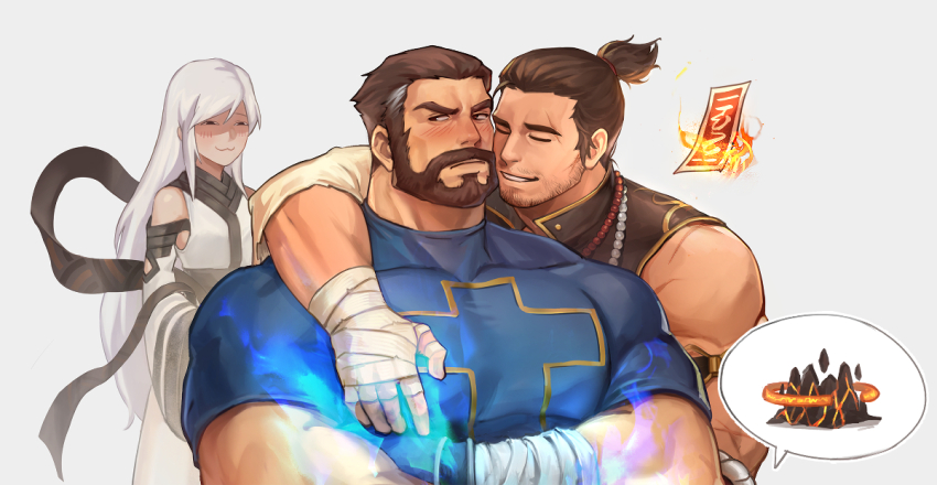 1girl, 2boys, :3, bandages, bara, beads, beard, beard_stubble