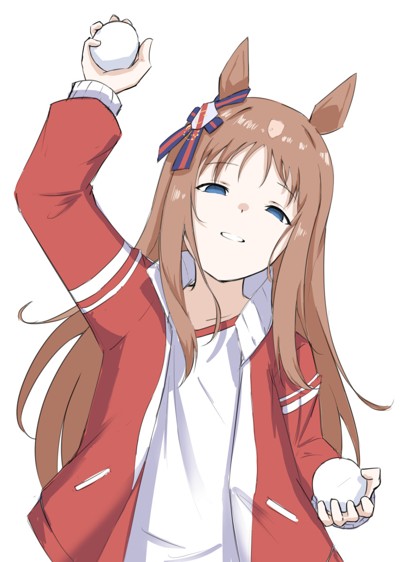 1girl, absurdres, animal_ears, blue_eyes, bow, brown_hair, ear_ornament, ear_ribbon