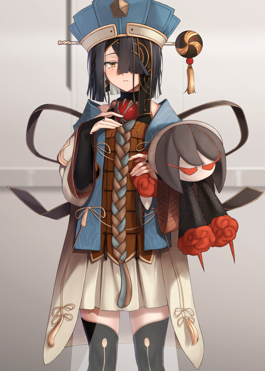 1girl, absurdres, bare_shoulders, black_hair, black_thighhighs, blue_hat, blush, breasts