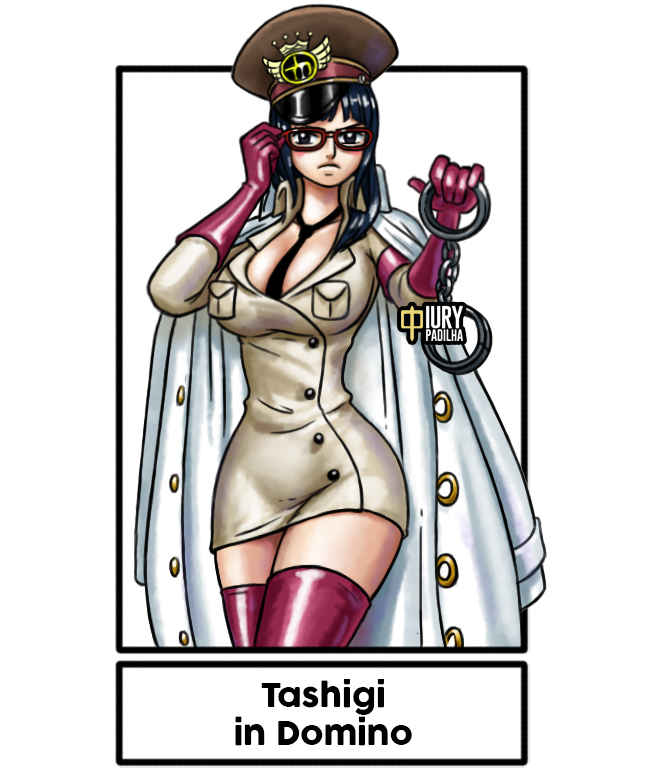 1girl, between_breasts, black_hair, blue_hair, breasts, coat, coat_on_shoulders, cosplay, cuffs, domino_(one_piece), domino_(one_piece)_(cosplay), glasses, handcuffs, hat, iury_padilha, large_breasts, necktie, necktie_between_breasts, one_piece, tashigi, thighhighs, thighs, wide_hips