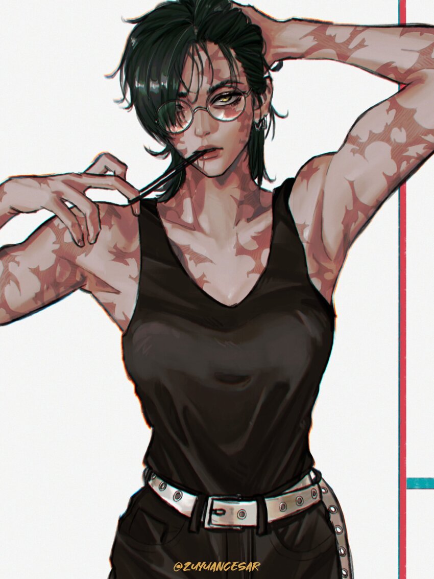 1girl, arm_up, armpits, artist_name, belt, black_pants, black_shirt, earrings