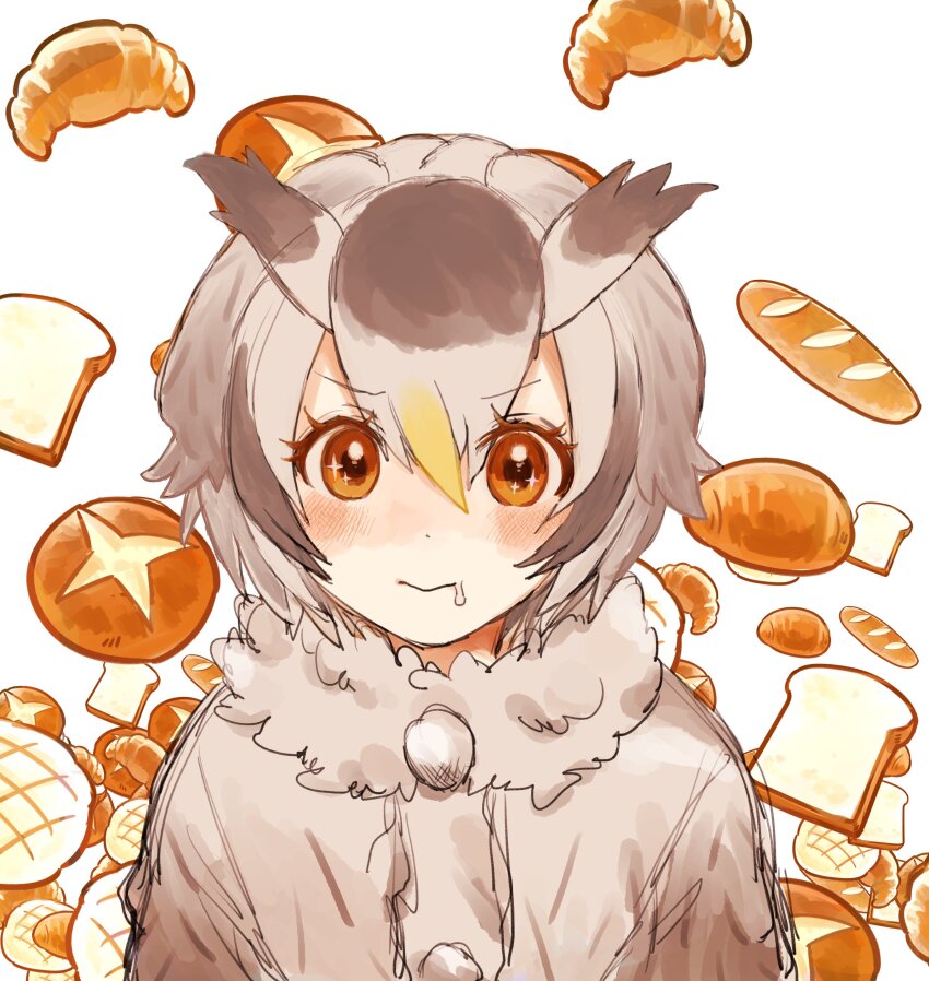 +_+, 03sa40, 1girl, :>, absurdres, baguette, bird_girl, bird_wings, blonde_hair, blush, bread, bread_bun, coat, drooling, food, fur_collar, grey_hair, hair_between_eyes, head_wings, highres, kemono_friends, northern_white-faced_owl_(kemono_friends), orange_eyes, owl_ears, owl_girl, short_hair, sidelocks, solo, sparkling_eyes, white_coat, white_fur, white_hair, wings