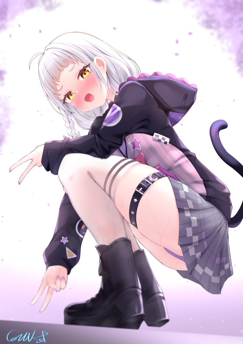 1girl, ahoge, animal_hood, arched_bangs, ass, black_footwear, black_jacket, blunt_bangs, blush, braid, cat_hood, commentary_request, double_v, gmkj, grey_skirt, highres, hololive, hood, hood_down, hooded_jacket, jacket, long_hair, long_sleeves, looking_at_viewer, low_twintails, miniskirt, murasaki_shion, murasaki_shion_(school_uniform), nail_polish, nose_blush, official_alternate_costume, open_mouth, paid_reward_available, panties, partial_commentary, pink_nails, plaid_clothes, plaid_skirt, purple_panties, school_uniform, side_braid, single_braid, skirt, solo, squatting, thigh_strap, thighhighs, thighs, twintails, underwear, v, variant_set, virtual_youtuber, white_hair, white_thighhighs, yellow_eyes