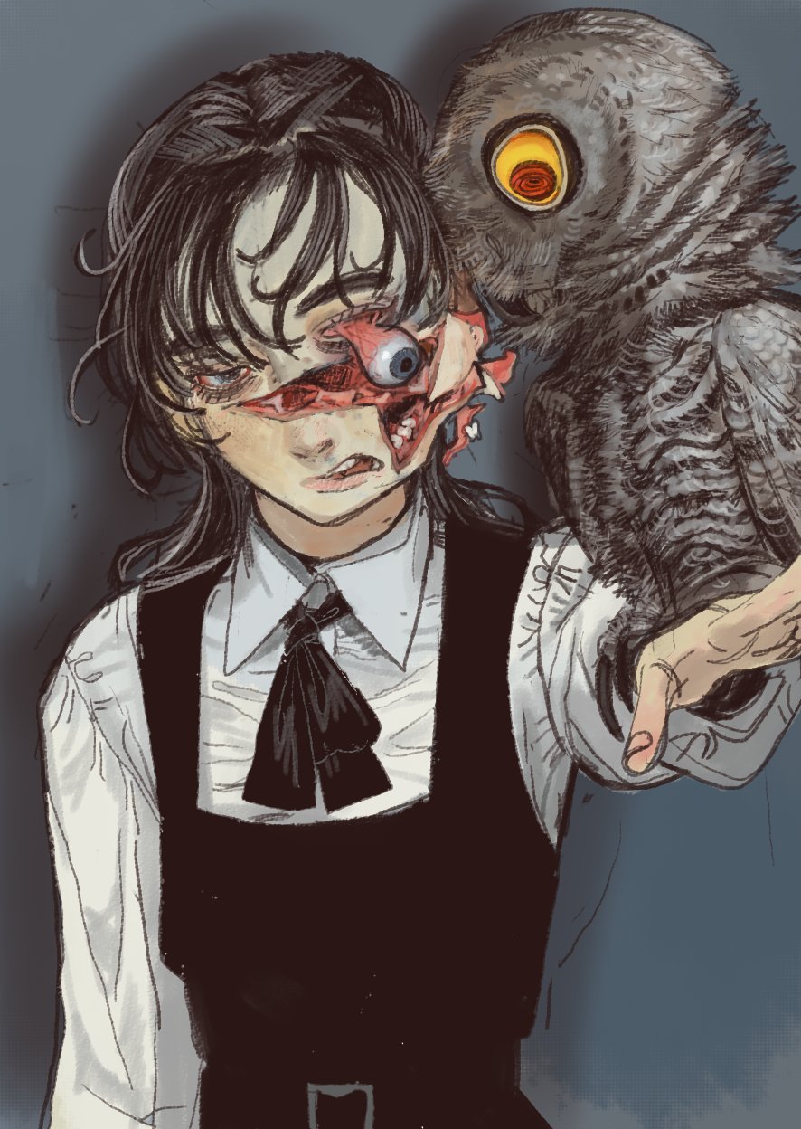 1girl, 1other, animal, animal_on_shoulder, bird, bird_on_shoulder, black_hair, chainsaw_man, dress, eyeball, fourth_east_high_school_uniform, guro, highres, long_hair, mitaka_asa, mossacannibalis, owl, pinafore_dress, red_eyes, ringed_eyes, school_uniform, sleeveless, sleeveless_dress, war_devil_(chainsaw_man)