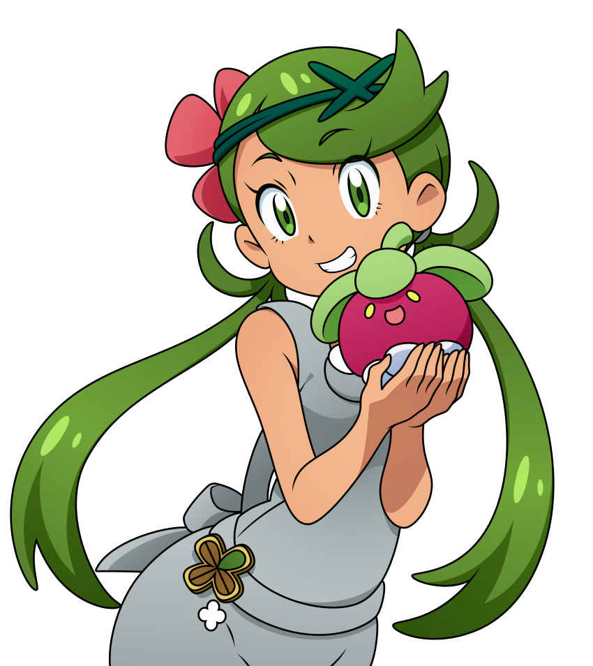1girl, absurdres, amassu, bare_shoulders, bounsweet, flower, gen_7_pokemon, gensei-225