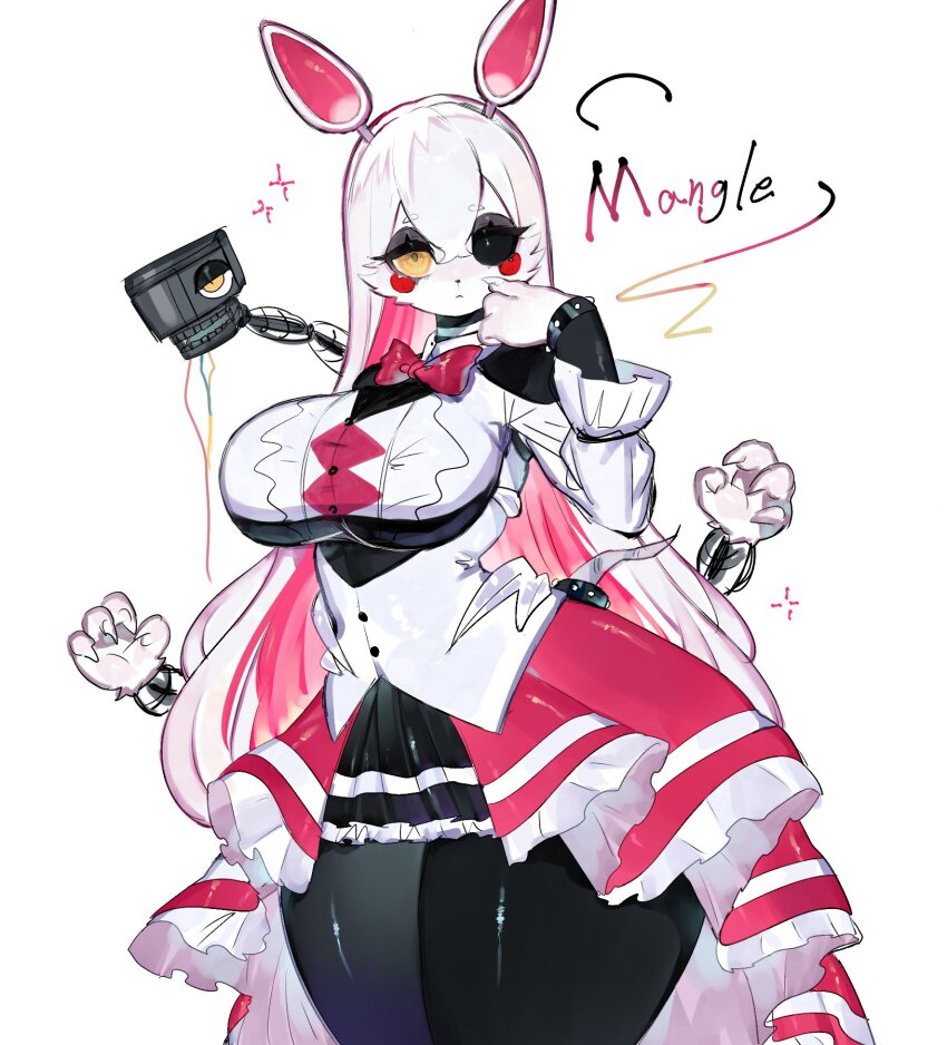 1girl, bow, bowtie, bracelet, breasts, character_name, choker, claws, five_nights_at_freddy's, five_nights_at_freddy's_2, furry, furry_female, highres, jewelry, large_breasts, long_hair, mangle, multicolored_hair, pink_hair, robot, simple_background, solo, spiked_bracelet, spikes, standing, thick_thighs, thighs, togetoge, underboob, white_background, white_hair, wide_hips, yellow_eyes