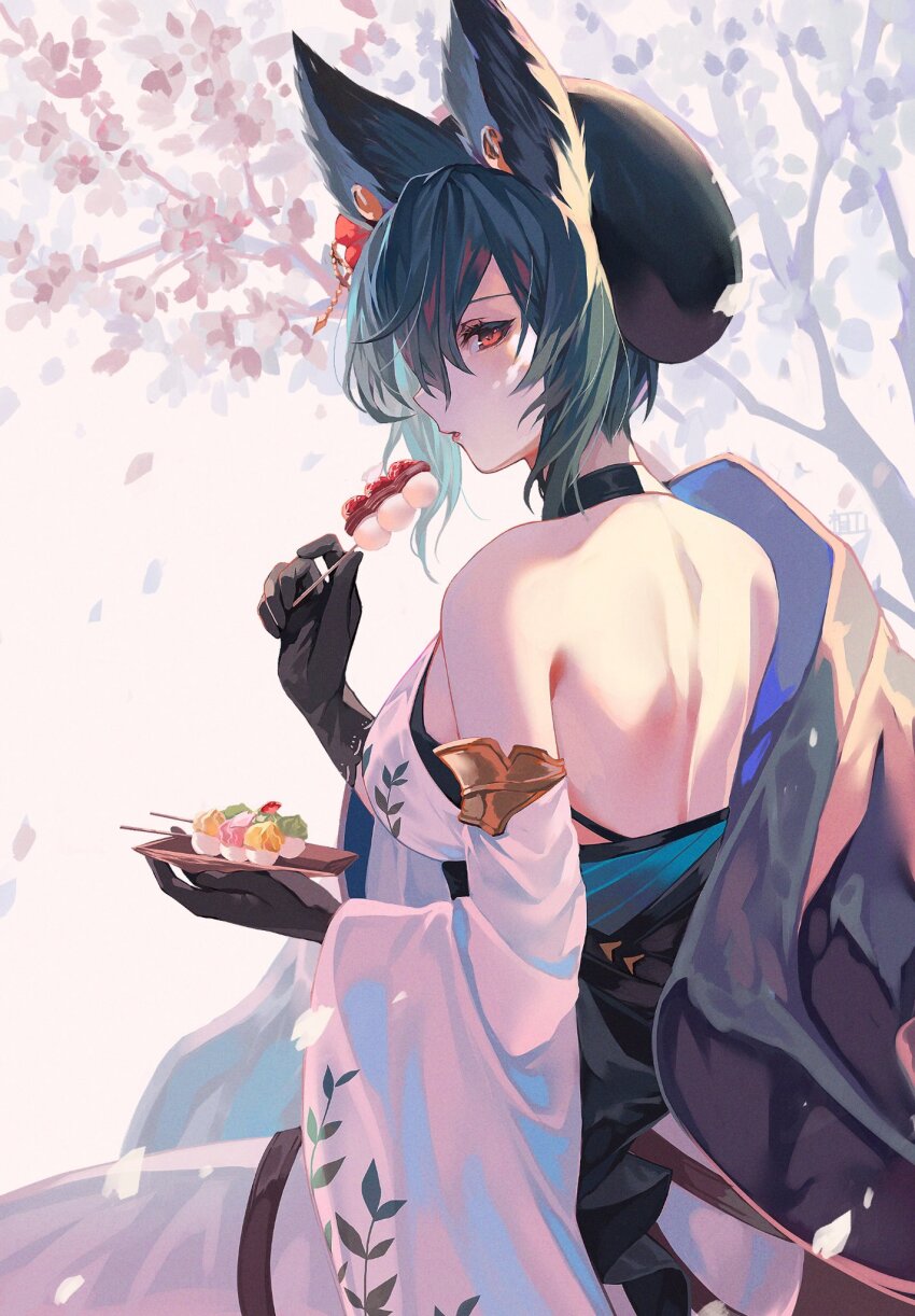 1girl, animal_ears, backless_kimono, beret, black_hair, breasts, cherry_blossoms, dango