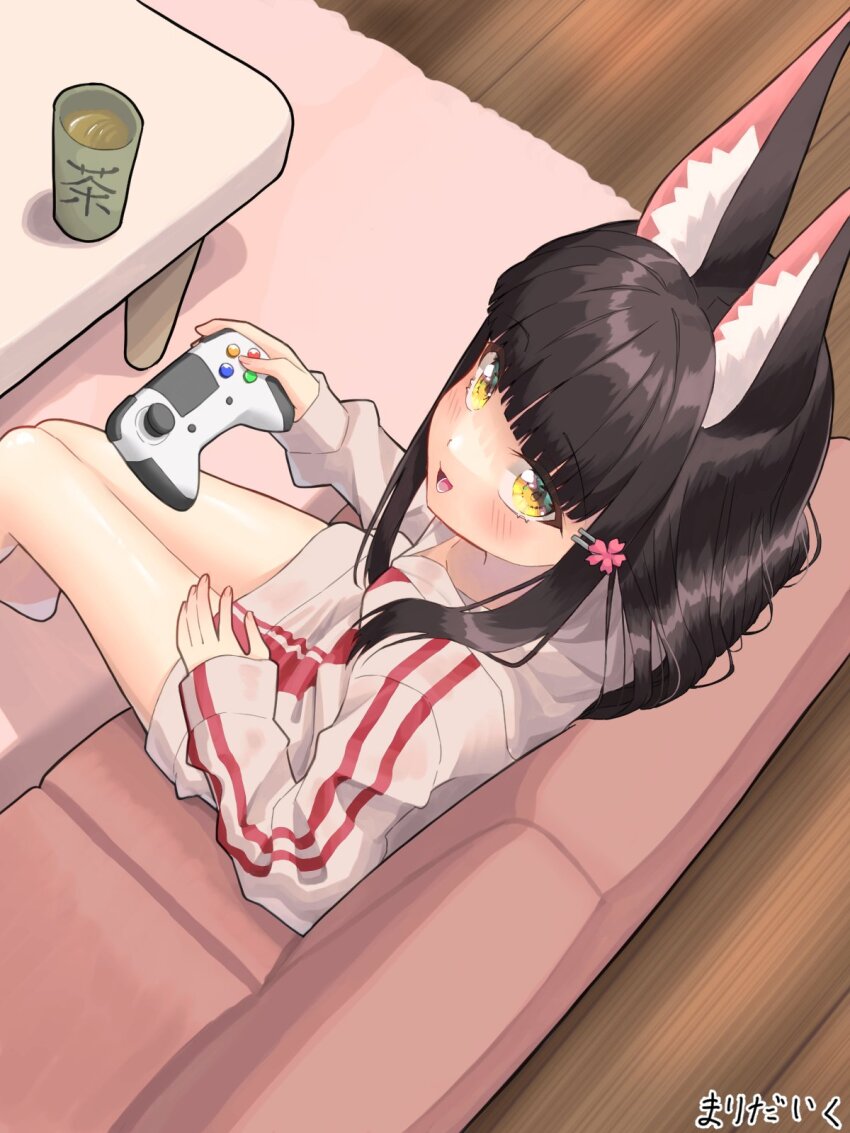 1girl, alternate_costume, animal_ear_fluff, animal_ears, azur_lane, black_hair, blush, carpet