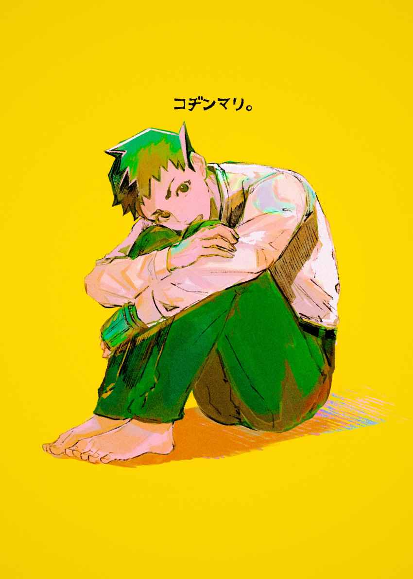 1boy, ace_attorney, barefoot, commentary_request, feet, full_body, highres, hugging_own_legs