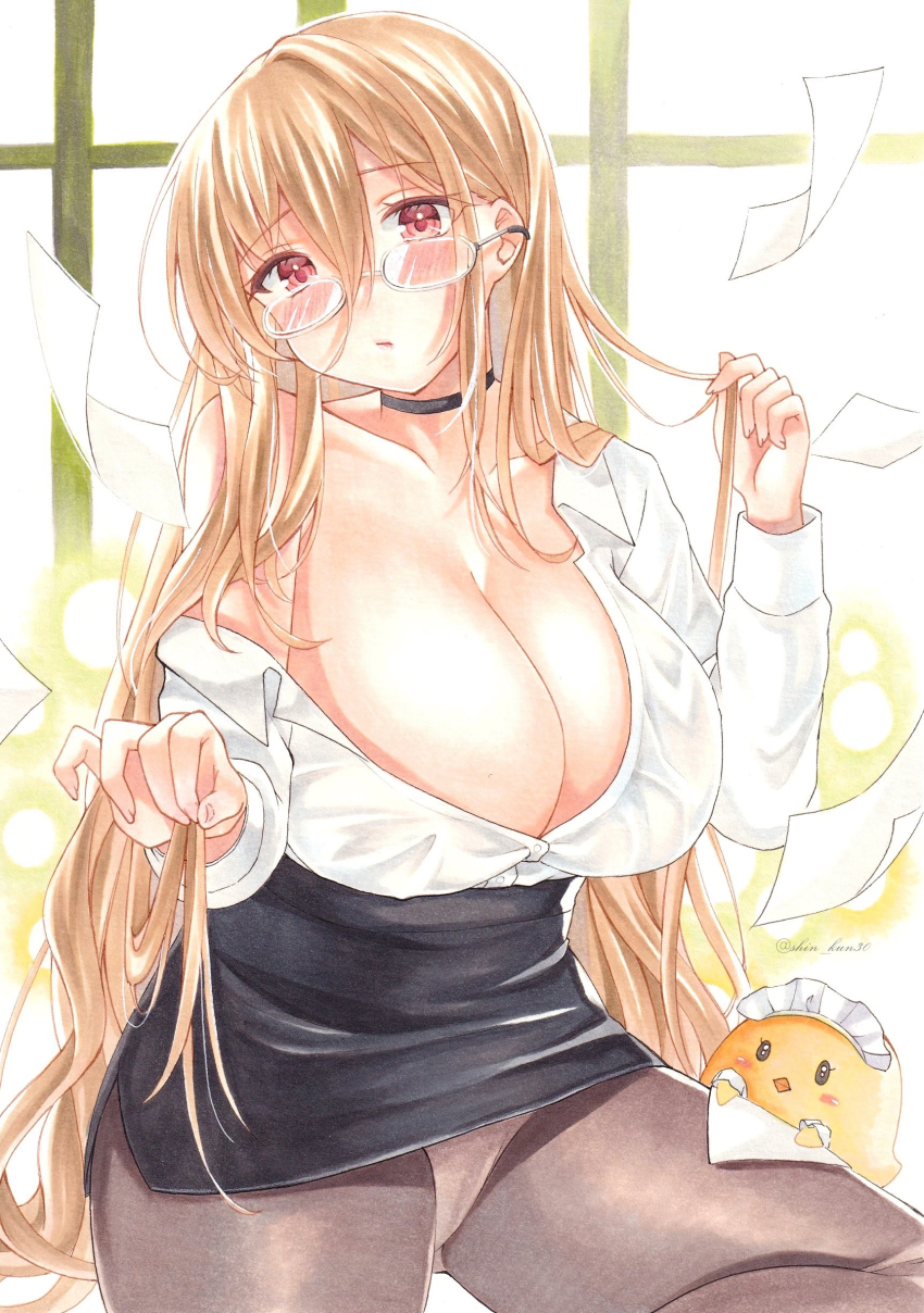1girl, absurdres, azur_lane, black_choker, black_skirt, blonde_hair, breasts, brown_pantyhose, choker, cowboy_shot, flying_paper, glasses, highres, huge_breasts, implacable_(azur_lane), implacable_(shepherd_of_the_"lost")_(azur_lane), long_hair, looking_at_viewer, maid_headdress, manjuu_(azur_lane), marker_(medium), office_lady, official_alternate_costume, panties, panties_under_pantyhose, pantyhose, paper, partially_unbuttoned, pencil_skirt, red_eyes, see-through_clothes, see-through_shirt, shin_kun30, skirt, solo, traditional_media, underwear, very_long_hair, white_panties