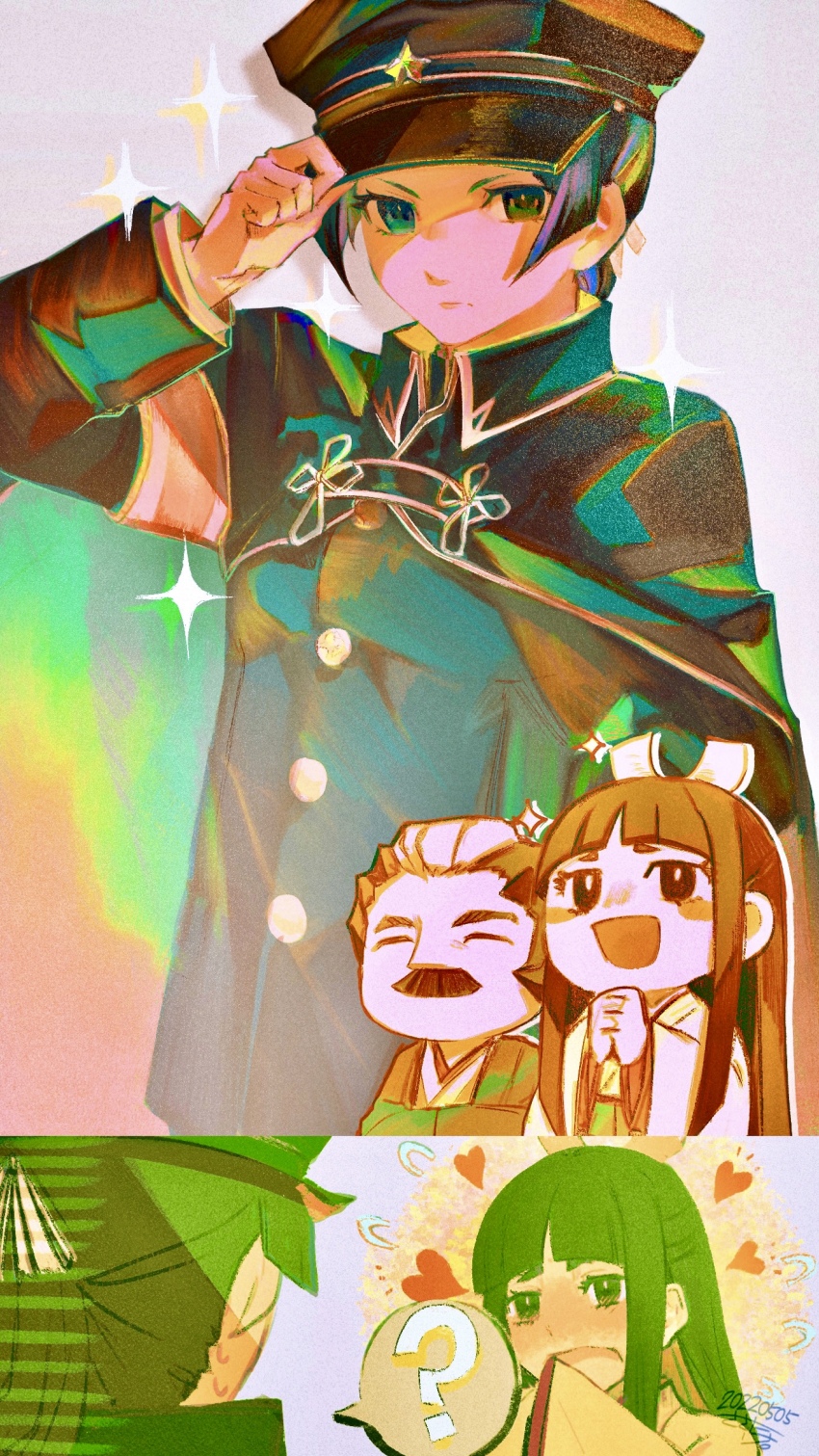 1boy, 2girls, :d, ?, ace_attorney, adjusting_clothes, adjusting_headwear, armband