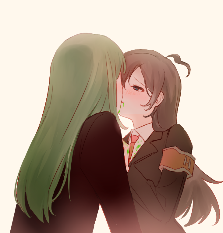 1boy, 1girl, ahoge, armband, as-zero, black_jacket, brown_hair, collared_shirt