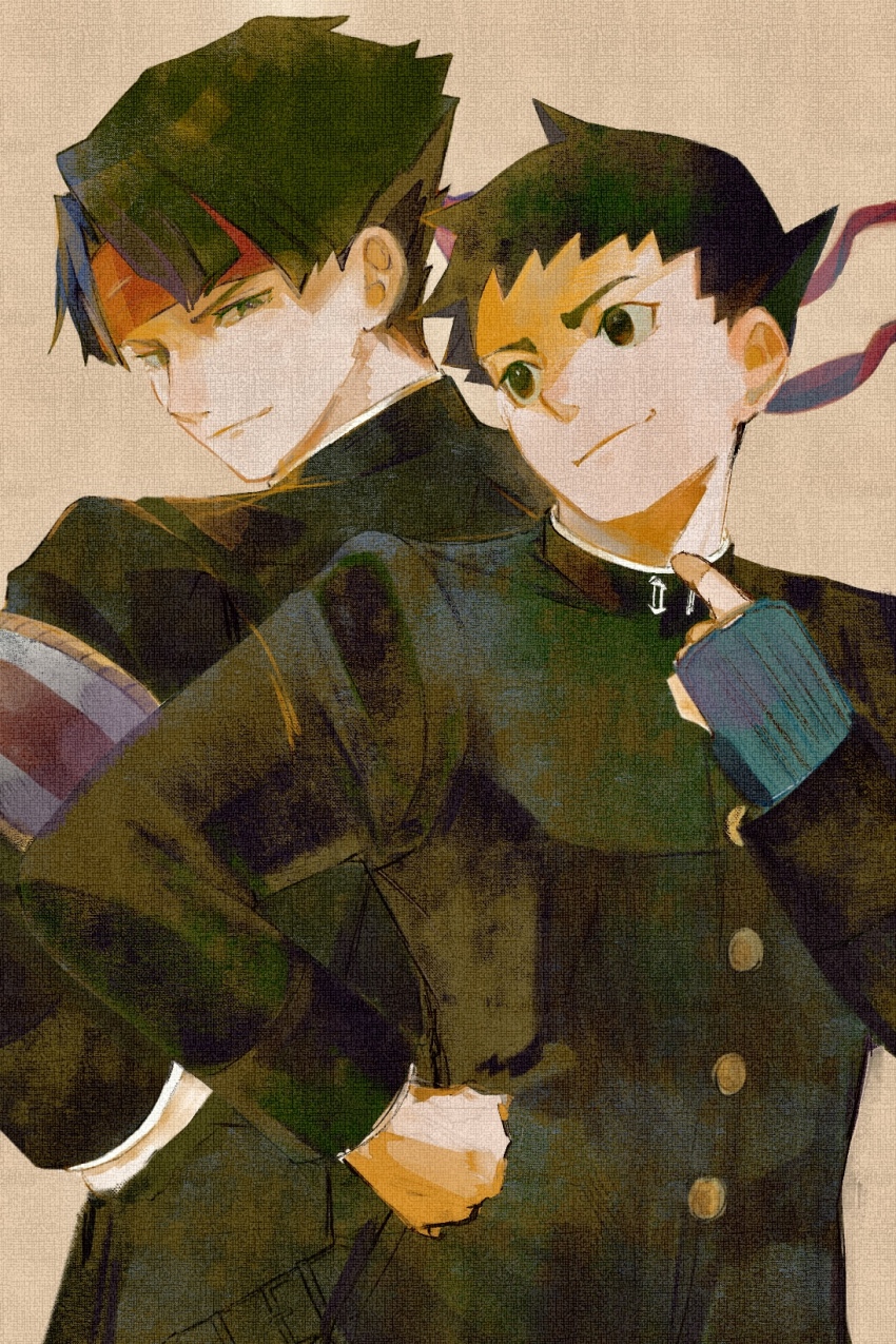 2boys, ace_attorney, armband, back-to-back, black_eyes, black_hair, black_jacket, buttons