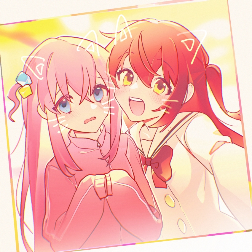 2girls, as-zero, ascot, blue_eyes, blush, bocchi_the_rock!, bow, bowtie