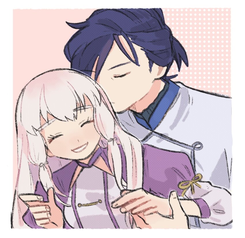 1boy, 1girl, blue_hair, closed_eyes, couple, dress, felix_hugo_fraldarius, fire_emblem