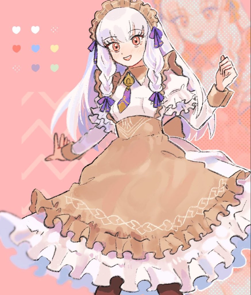 1girl, apron, braid, dress, fire_emblem, fire_emblem:_three_houses, fire_emblem_heroes, lysithea_von_ordelia, lysithea_von_ordelia_(tea_party), maid_apron, maid_headdress, nintendo, official_alternate_costume, official_alternate_hairstyle, ohima17, open_mouth, pink_background, smile, white_hair