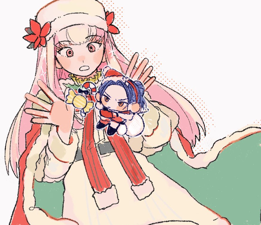 1boy, 1girl, bag, blue_hair, blush, candy, chibi, chibi_inset