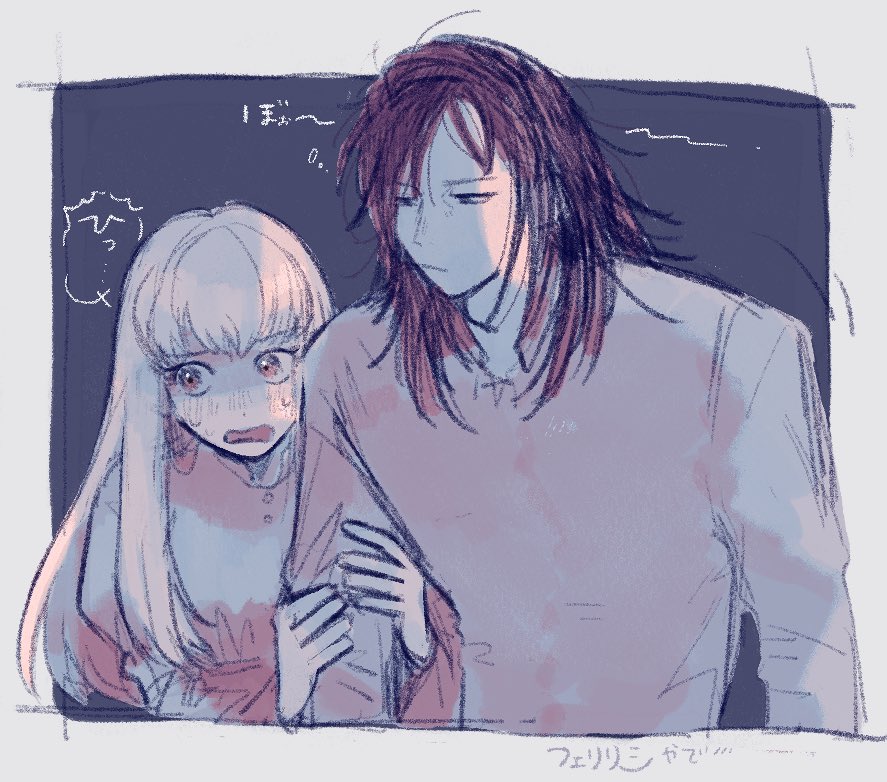 1boy, 1girl, alternate_hairstyle, arm_grab, blue_hair, blush, felix_hugo_fraldarius, fire_emblem, fire_emblem:_three_houses, holding, long_hair, lysithea_von_ordelia, nintendo, ohima17, scared, shirt, spot_color, white_shirt