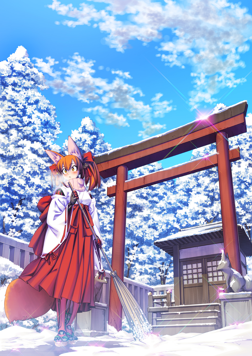 1girl, animal_ear_fluff, animal_ears, bamboo_broom, blue_sky, breath, broom, commission