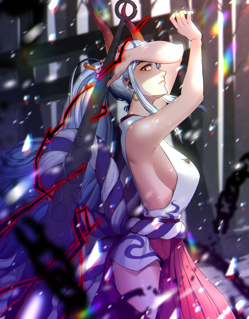 1girl, absurdres, bare_arms, bare_hips, blurry, blurry_foreground, breasts, chain
