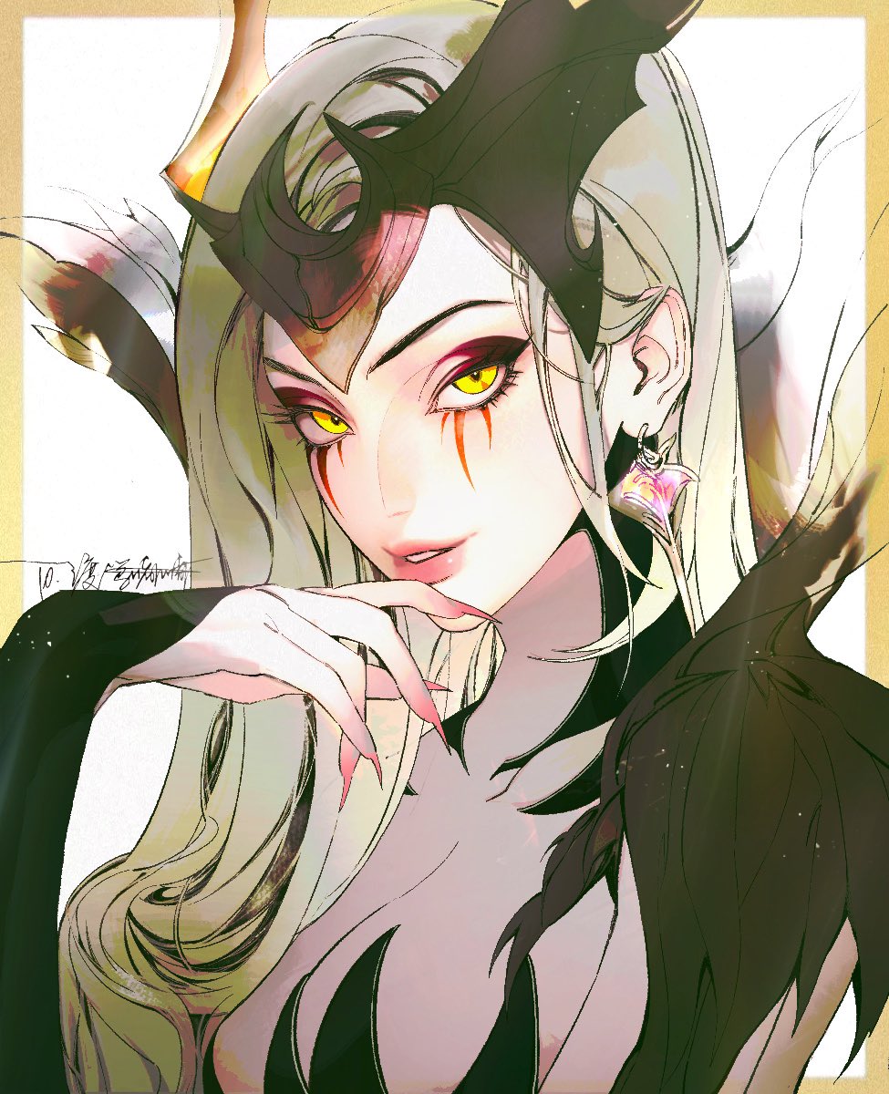 1girl, blonde_hair, border, breasts, cleavage, commentary, coven_leblanc, earrings, english_commentary, eyelashes, eyeshadow, fingernails, hair_ornament, highres, jewelry, jian_tai_(cuoyu0), large_breasts, league_of_legends, leblanc_(league_of_legends), lipstick, long_hair, looking_at_viewer, makeup, official_alternate_costume, official_alternate_hairstyle, orange_border, parted_lips, pink_lips, purple_eyeshadow, sharp_fingernails, signature, simple_background, smile, solo, upper_body, white_background, yellow_eyes