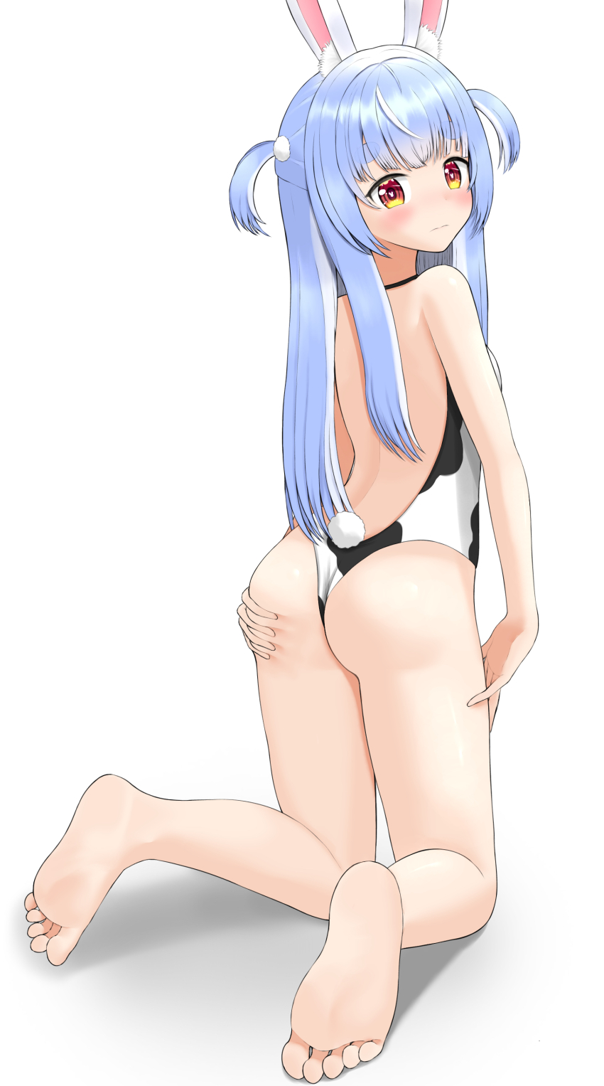 1girl, absurdres, animal_ears, animal_print, ass, back, bare_legs, bare_shoulders