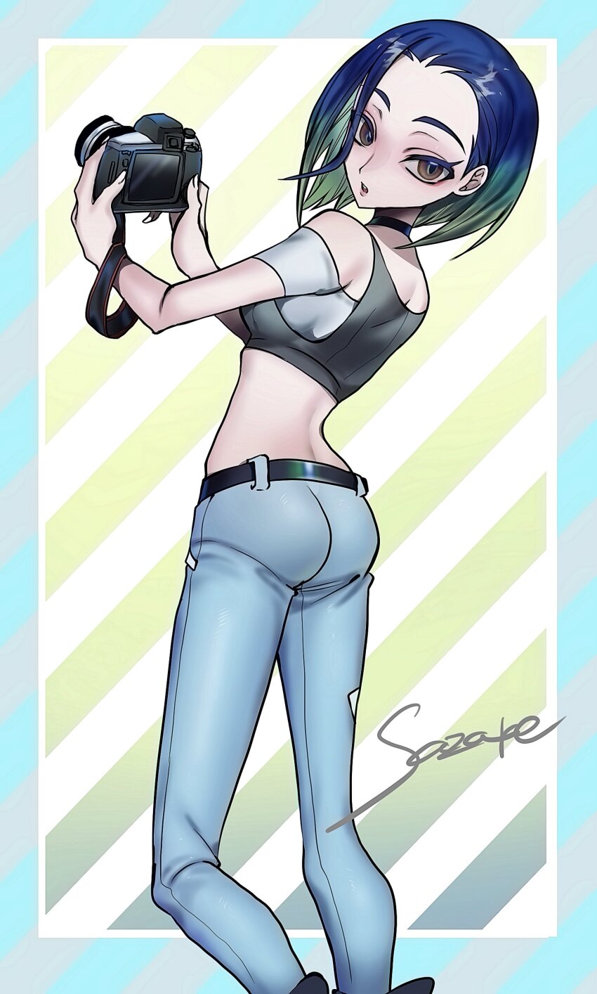 1girl, absurdres, artist_name, ass, back, bare_shoulders, belt, black_belt