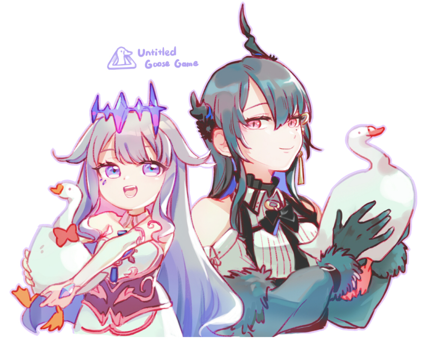 animal, asterisk_(pmpalg_v), asymmetrical_horns, bare_shoulders, bird, black_hair, blue_hair, chest_jewel