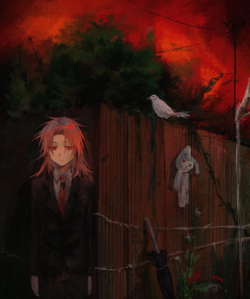 1boy, absurdres, arms_at_sides, barbed_wire, bird, black_jacket, black_pants, black_umbrella, chinese_commentary, closed_umbrella, collared_shirt, colored_eyelashes, commentary_request, fence, formal_clothes, hatsutori_hajime, highres, jacket, long_hair, long_sleeves, looking_at_viewer, male_focus, necktie, outdoors, pants, parted_bangs, pink_hair, power_lines, red_eyes, red_necktie, red_sky, saibou_shinkyoku, shirt, sky, solo, stuffed_animal, stuffed_rabbit, stuffed_toy, suit, tatsujin_show, umbrella, white_bird, white_shirt, wooden_fence