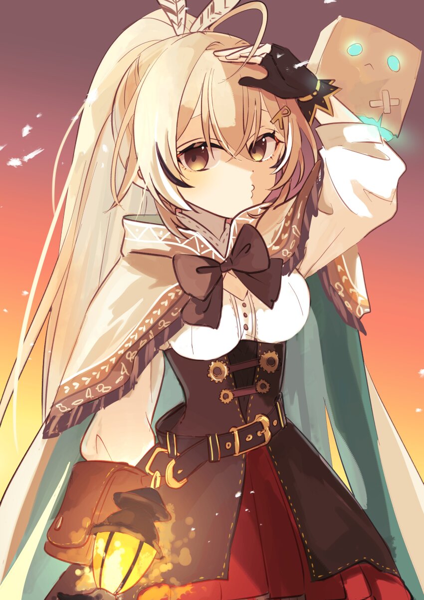 1girl, absurdres, ahoge, belt, brown_capelet, brown_cloak, brown_corset, brown_eyes