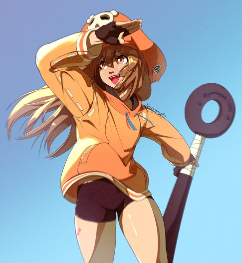 1girl, anchor, bike_shorts, black_gloves, blizzardingpike, blue_background, brown_eyes, brown_hair