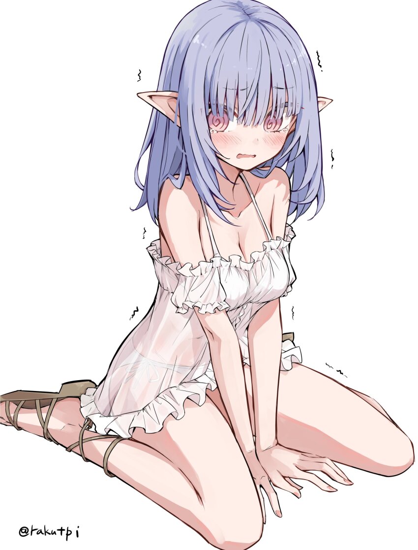 1girl, @_@, absurdres, blue_hair, highres, original, pajamas, pointy_ears