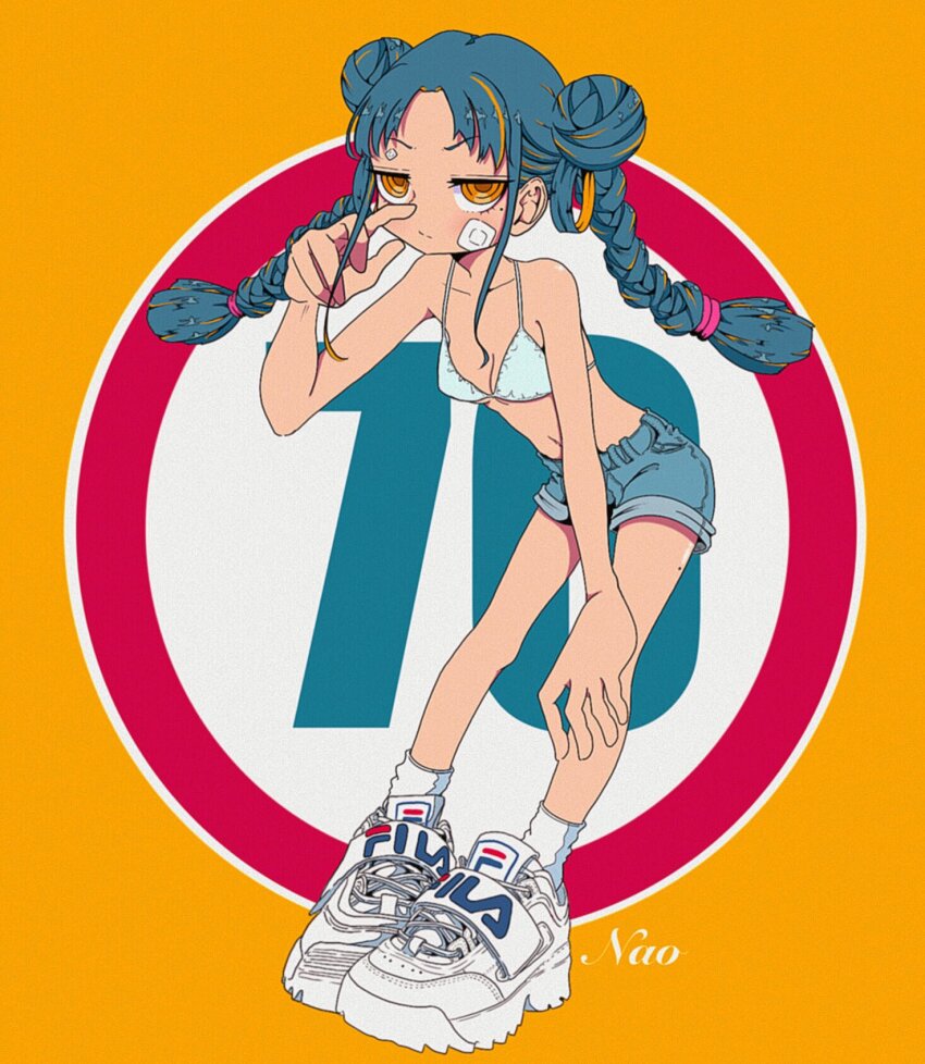 1girl, artist_name, bikini, bikini_top_only, blue_hair, blue_shorts, braid, breasts