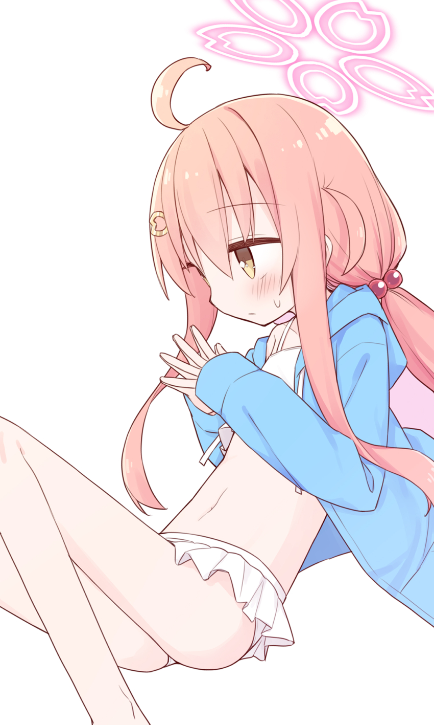 1girl, absurdres, ahoge, bare_legs, bikini, blue_archive, blue_jacket, blush