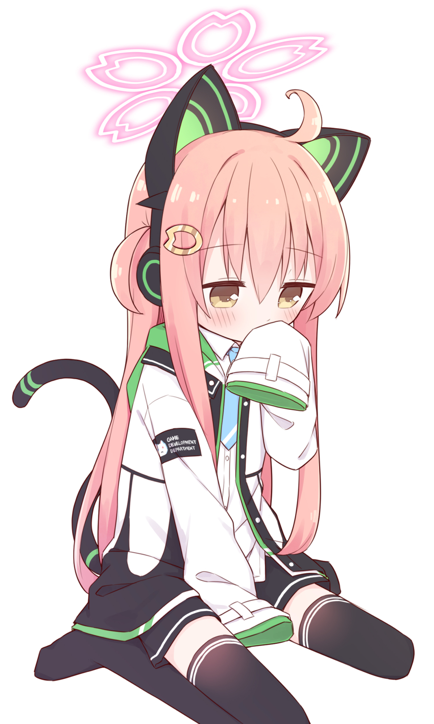 1girl, absurdres, ahoge, animal_ear_headphones, animal_ears, between_legs, black_shorts, black_thighhighs
