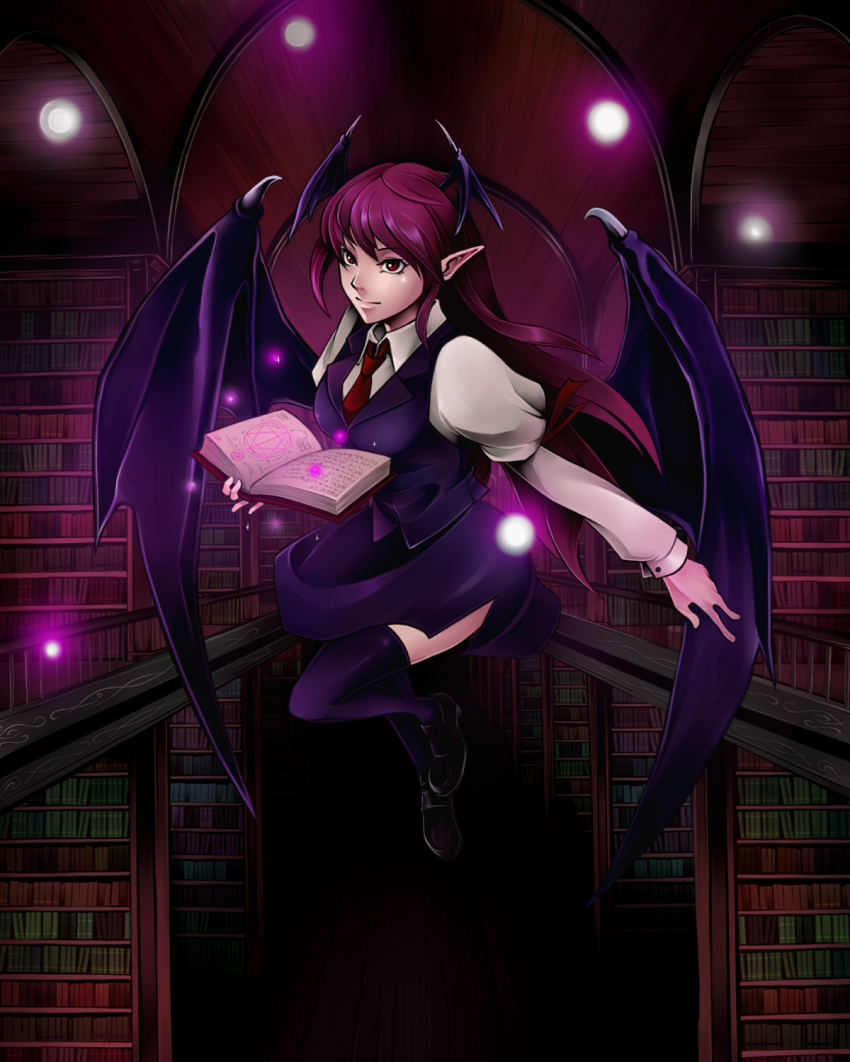 1girl, bat_wings, black_thighhighs, book, bookshelf, breasts, dress_shirt, embodiment_of_scarlet_devil