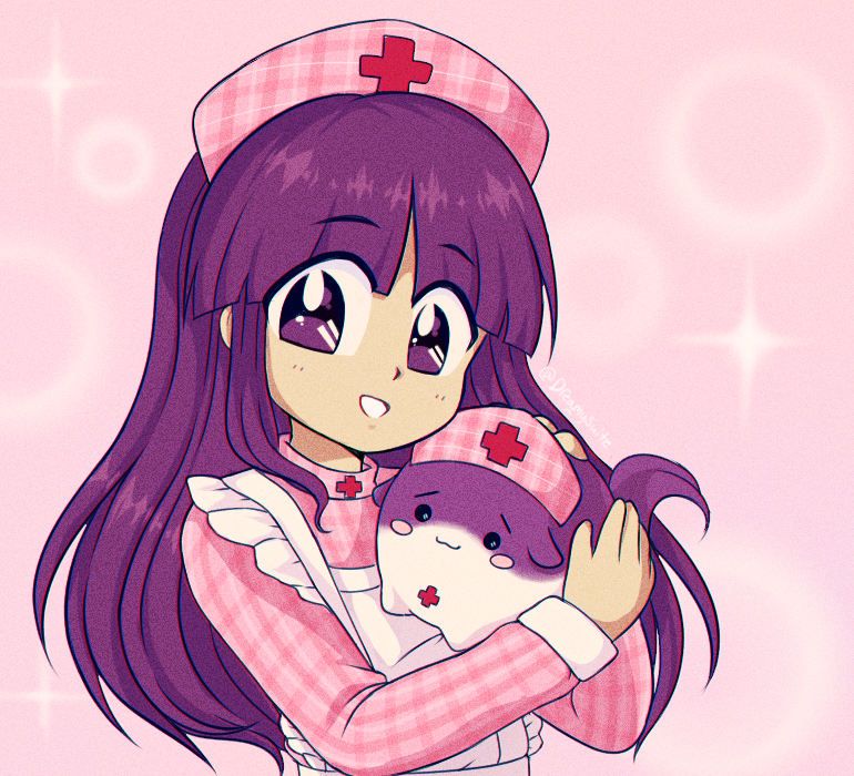 1990s_(style), 1girl, apron, blunt_bangs, commentary_request, cross, dreamysuite, dress