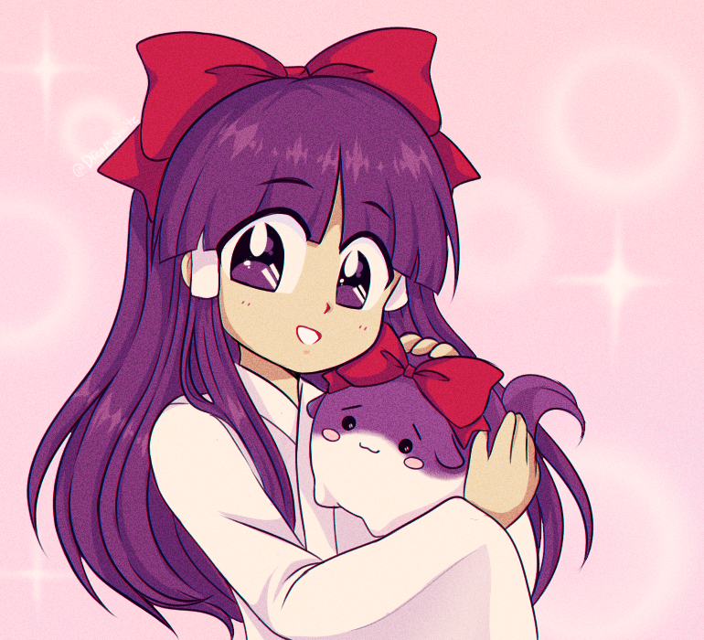 1990s_(style), 1girl, blunt_bangs, bow, commentary_request, dreamysuite, hair_bow, hair_tubes