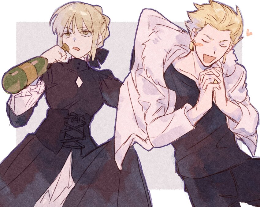 1boy, 1girl, artoria_pendragon_(fate), black_dress, black_pants, black_ribbon, black_shirt, blonde_hair
